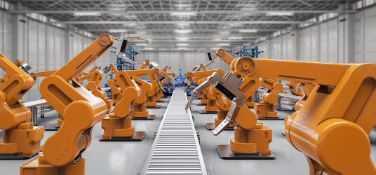 Robotic Lidar - Orange robotic machines operating in a warehouse simulation