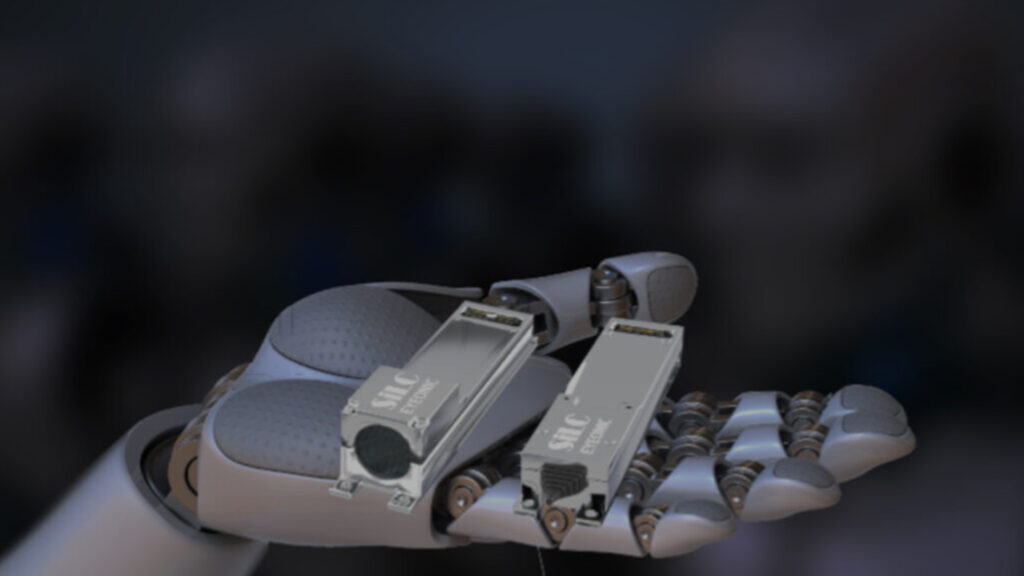 robotic hand holding SiLC chip-integrated FMCS LiDAR sensor